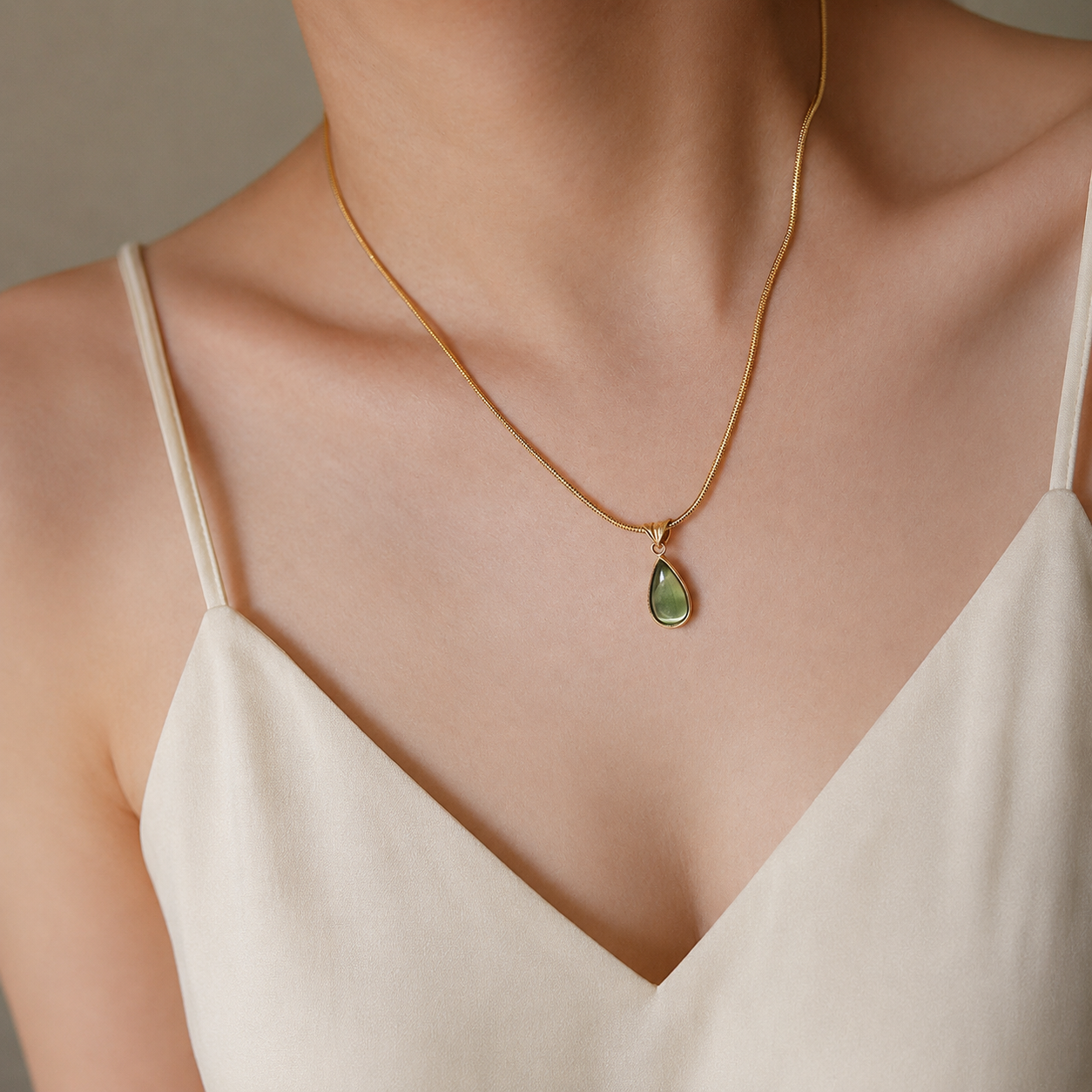 French Vintage Teardrop Pendant Necklace | Elegant Blue Green Gemstone Chain Necklace