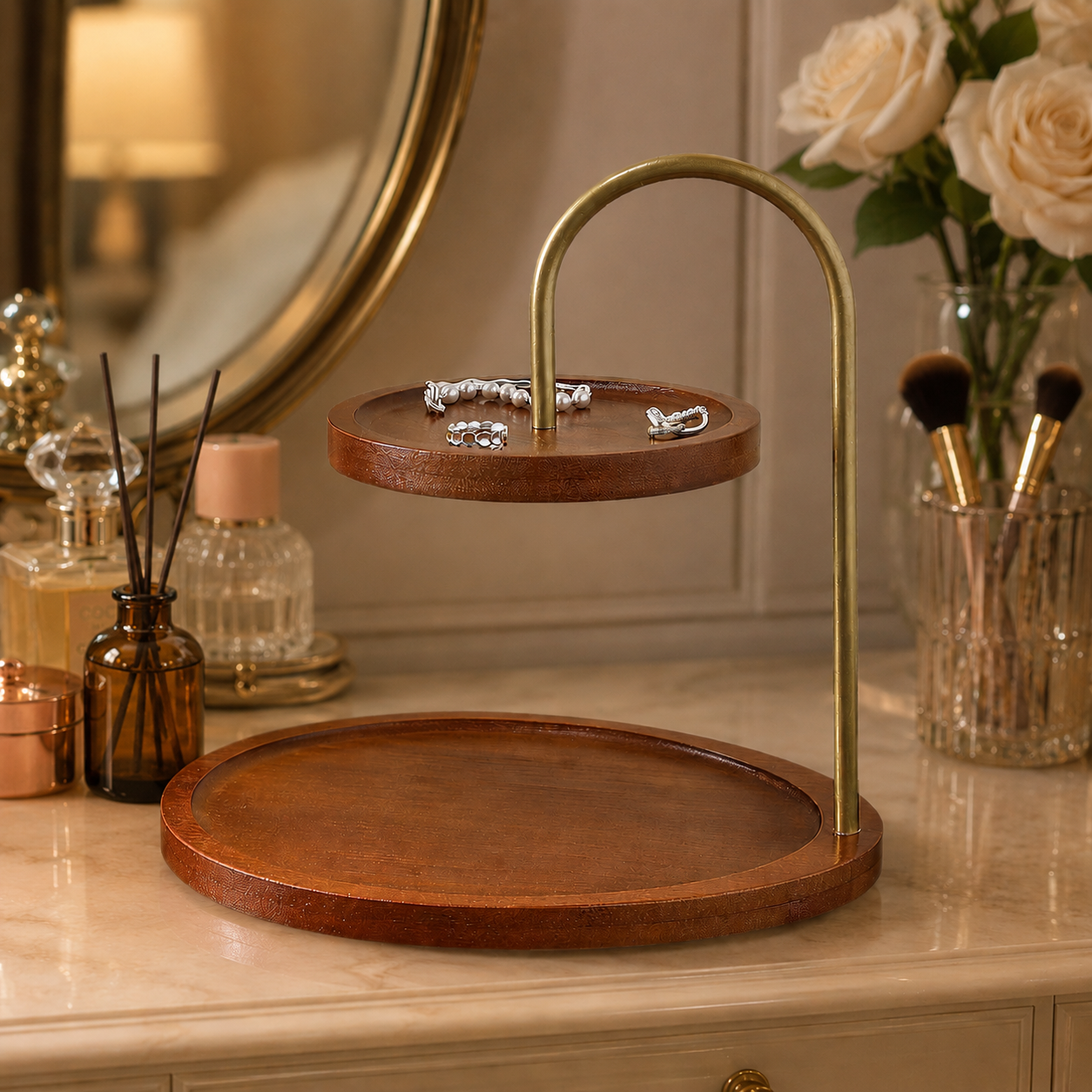 Luxury Wooden Jewelry Organizer Tray with Display Stand | Elegant Entryway Tabletop Storage Rack