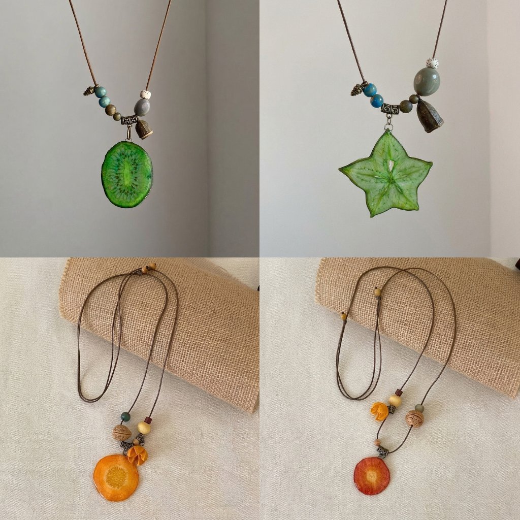 Whimsical Real Vegetable & Fruit Slice Statement Necklace