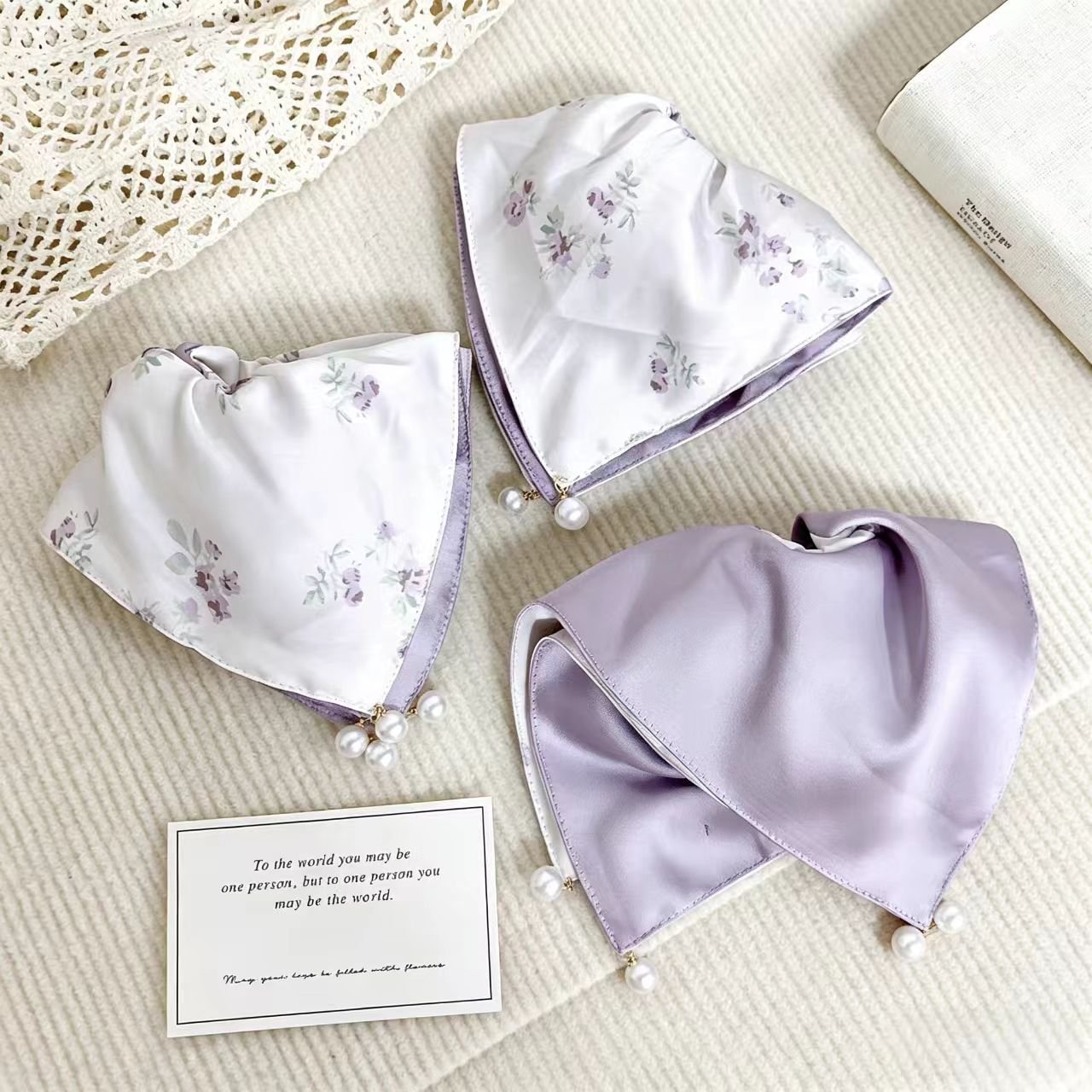 Chic Neo-Chinese Purple Floral Scarf Scrunchie in Silk-Like Satin